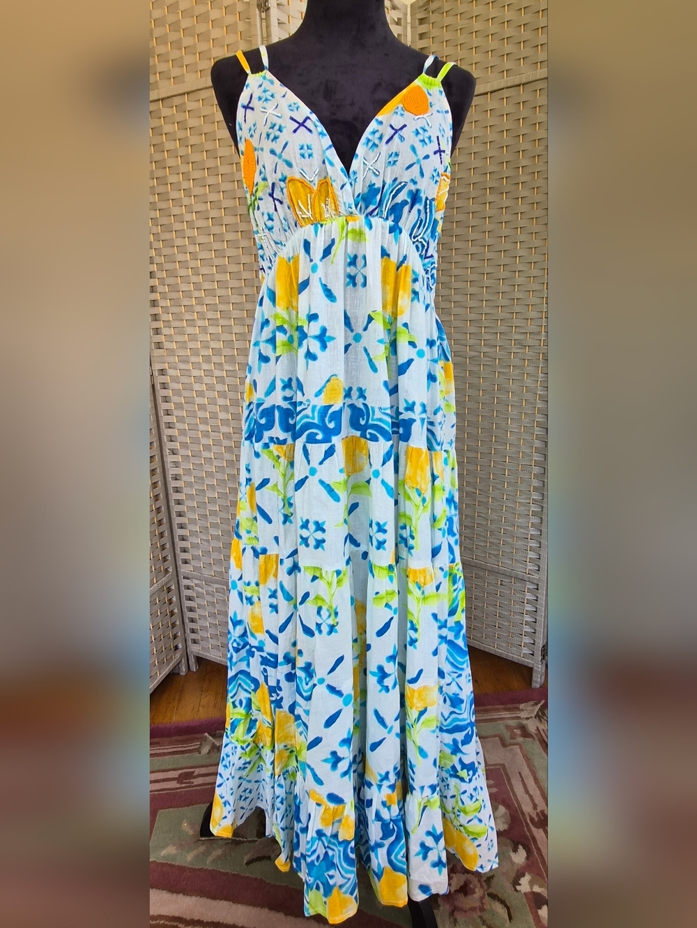 🍋Lemon Tile Print Maxi Dress w/ Beaded Accents-Blue & Yellow